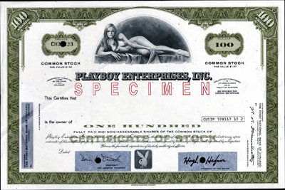 U.S. Playboy Enterprises, Inc.: ca.1970-80's. 100 Shs. Specimen stock certificate. Famous reclining "Playboy" nude vignette. Olive green Border. Facsimile siignature of Hugh Hefner. "Specimen" overprint and POC's. XF condition. Scar