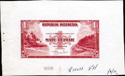 Republik Indonesia Proof and Specimen Group (5): Indonesia. 1950-51 (1951 Issue). P-38 Unlisted. 1 Rupiah 5 different P-38 proof and specimen banknote faces or backs from the 1951 issue. 1). Uniface specimen face with red "000000" serial numbers, PO