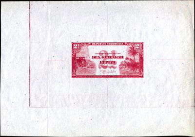 Republik Indonesia Proof and Specimen Group (4): Indonesia. 1950-51 (1951 Issue). P-39 Unlisted. 2 1/2 Rupiah 4 different P-39 proof and specimen banknote faces or backs from the 1951 issue. 1). Uniface specimen face with red "000000" serial numbers
