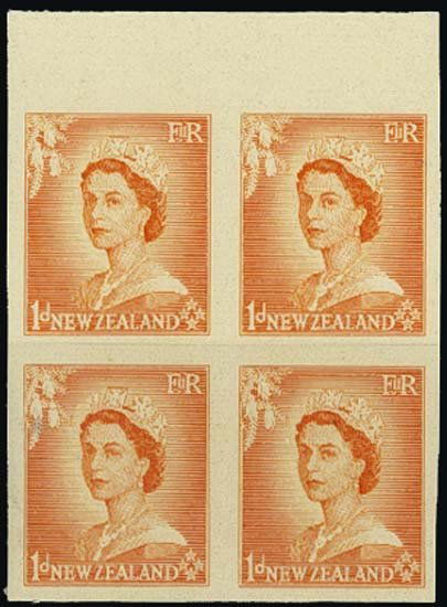 New Zealand. 1953-58 Queen Elizabeth II Imperf Pr: New Zealand. 1953-58 Queen Elizabeth II Imperforate Plate Proof Blocks of 4.^ 3 imperforate blocks of 4 plate proofs. 2 of the blocks are on gummed and "Star" watermarked paper and include Scott #'s 2