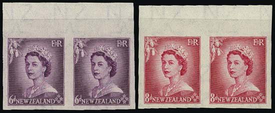 New Zealand. 1953-58 Queen Elizabeth II Imperf PP: 8 imperforate horizontal pairs of plate proofs. 6 of the pairs are on gummed and "Star" watermarked paper and include Scott #'s 289; 290; 291; 293; 294; 295. 2 of the pairs are on india paper on thin