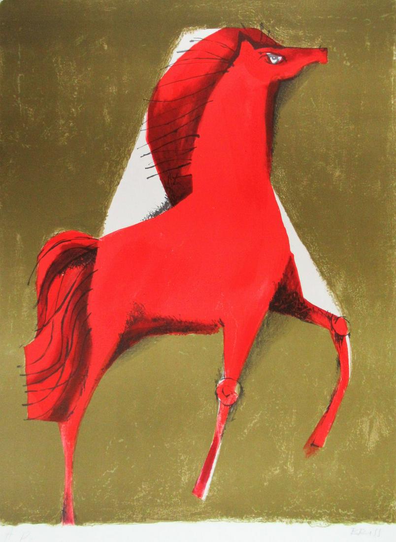 Sami Briss; Red Horse. Signed print AP. 56x43 cm. Not: Sami Briss; Red Horse. Signed print AP. 56x43 cm. Not framed. Sami Briss (b. 1930) is a French-Israeli artist that works in both oils and water colors. He was taught the art of iconography, another as