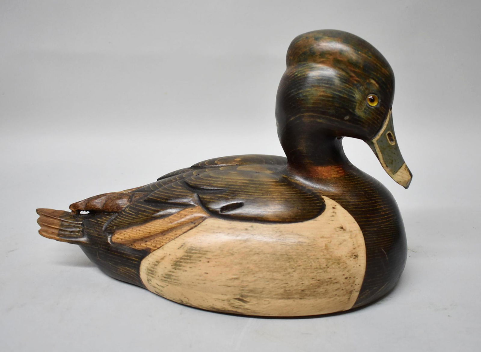 Ducks Unlimited, Ringneck T Taber/H Kyle, Jr. 1983/84: Duck's Unlimited Decoy - Ringneck Duck Decoy by Tom Taber and Hersey Kyle, Jr. 1983/84 #447. This decoy has a turned head, glass eyes, carved primaries and secondaries. Dimensions 11 1/2" long x 8" ta