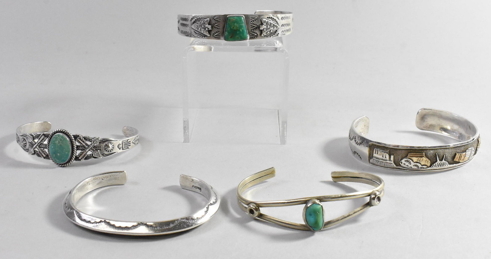 Set of 5 Navajo Bracelets, Turquoise, Embossed (1 of 9)