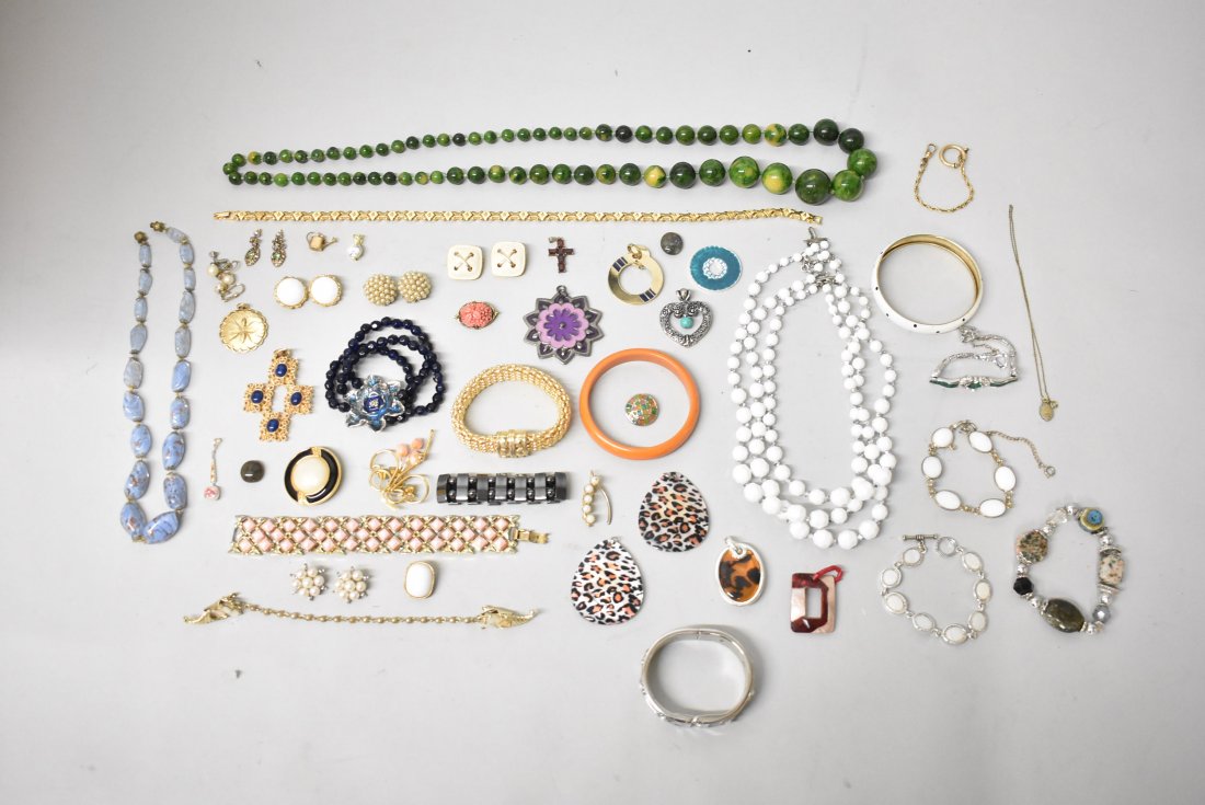 Group of Costume Jewelry, Jomaz Earrings, Marvella: A group of costume jewelry which includes Jomaz pearl clip earrings, Marvella jewelry 25" green bead necklace and many other treasures.