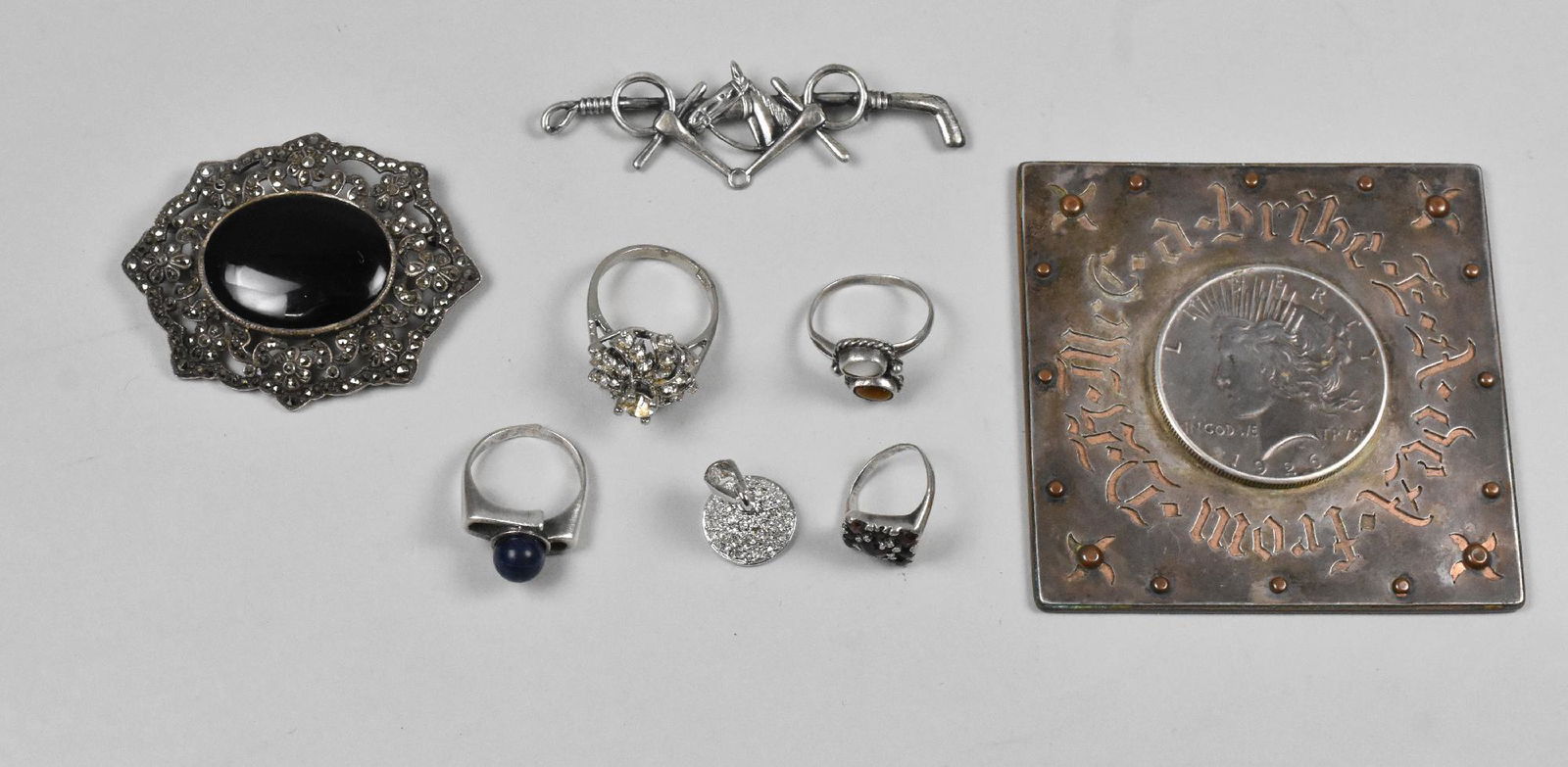 Sterling Mourning Pin and Rings, 1926 Silver Dollar (1 of 8)