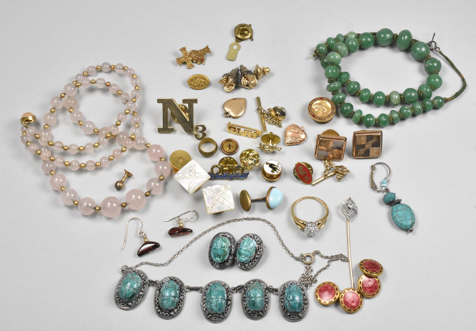 Misc. lot Scarab Necklace and Earrings, Cuff Links Jade (1 of 7)