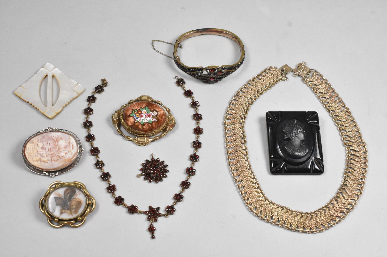 Victorian Morning Jewelry, Garnet, Pearl, Cameo, Silver (1 of 10)