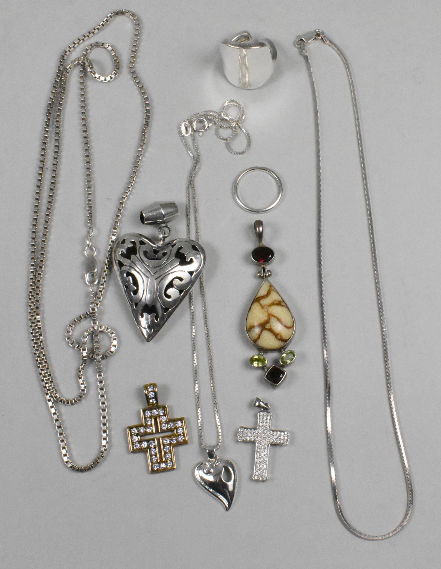 Sterling Group: Group of Sterling. heart pendant 1 3/8" x 2 1/8". 15"-30" chains. Marked