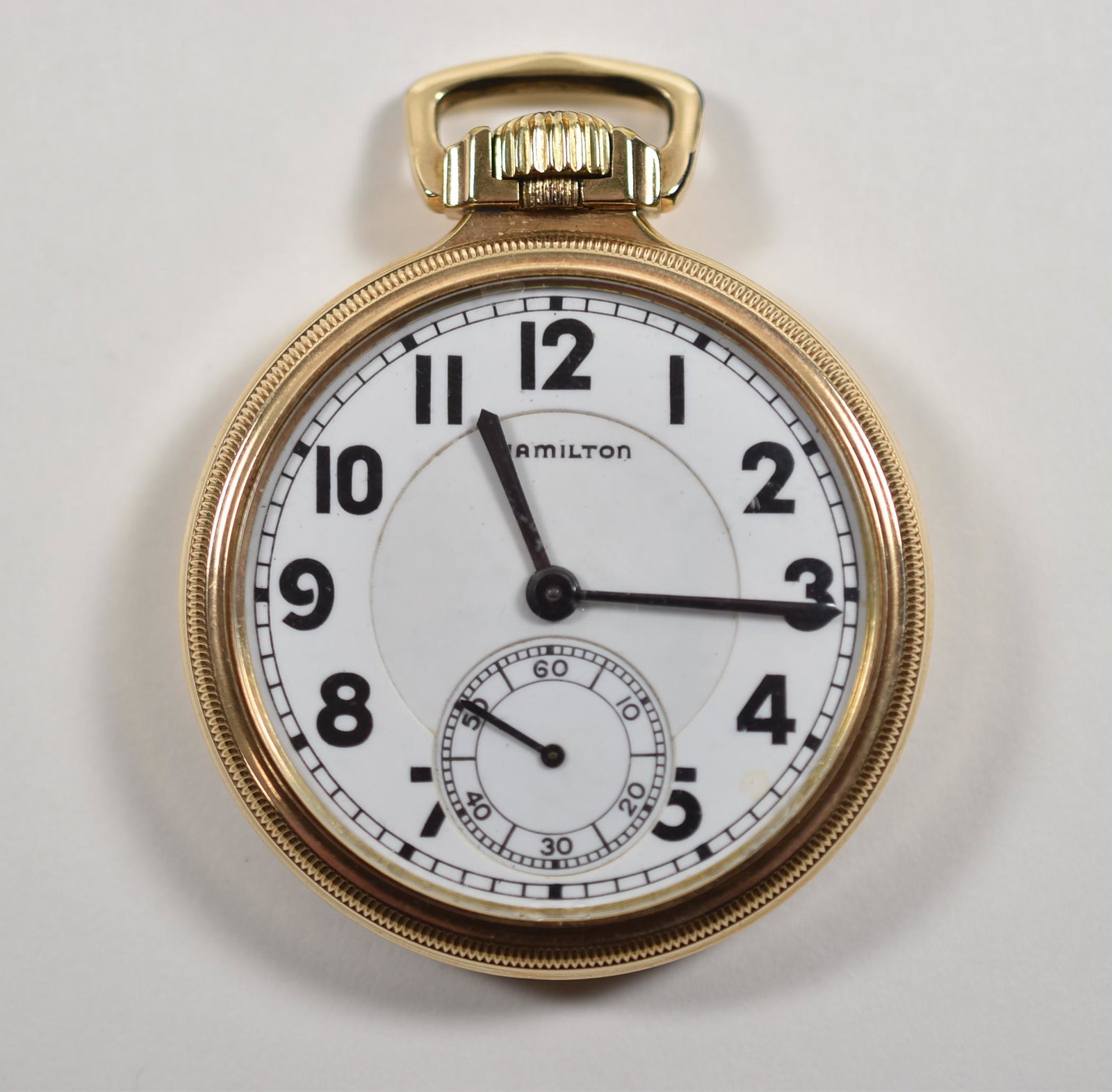 Hamilton 950 Railroad Keystone Case: Hamilton Pocket Watch 950 Railroad GF Keystone Case, 16S 23J, Serial number 2612393, Elinvar hairspring, Keystone case marked Hamilton Railroad Model, running condition, small dent on back.
