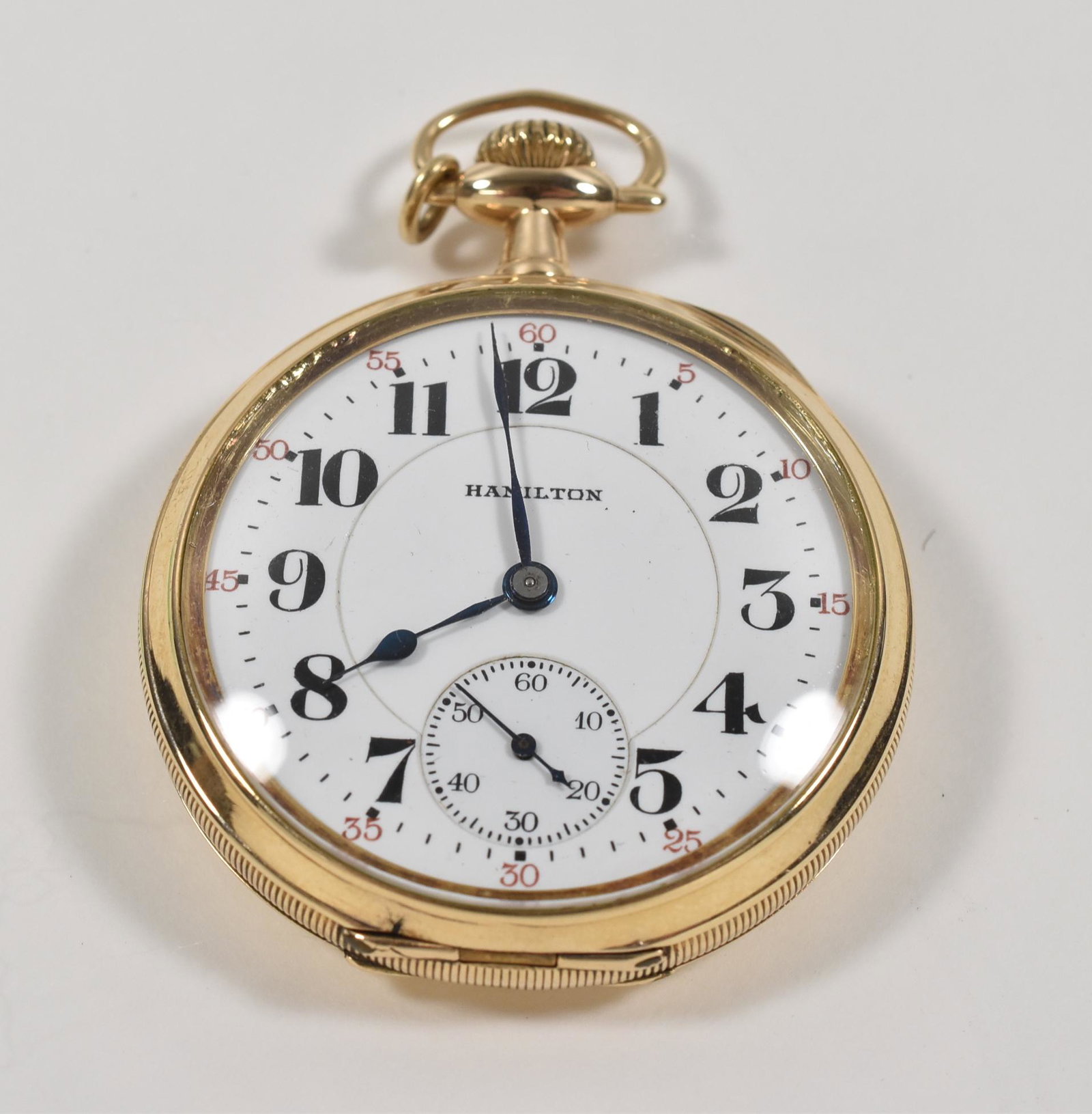 Hamilton 992 14K: Hamilton Pocket Watch 992 14K gold, 16S 21J, serial number 1639143, porcelain dial, scratch inside case from testing, couple of minor light dents in lid, running condition but stops, needs cleaned. 85