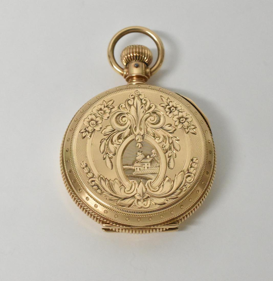 Illinois 14K HC: Illinois Pocket Watch 14K HC 4S 7J, serial number 902223, village scene, monogram on other side, running condition. 52.2 gTW 18.7 g case.