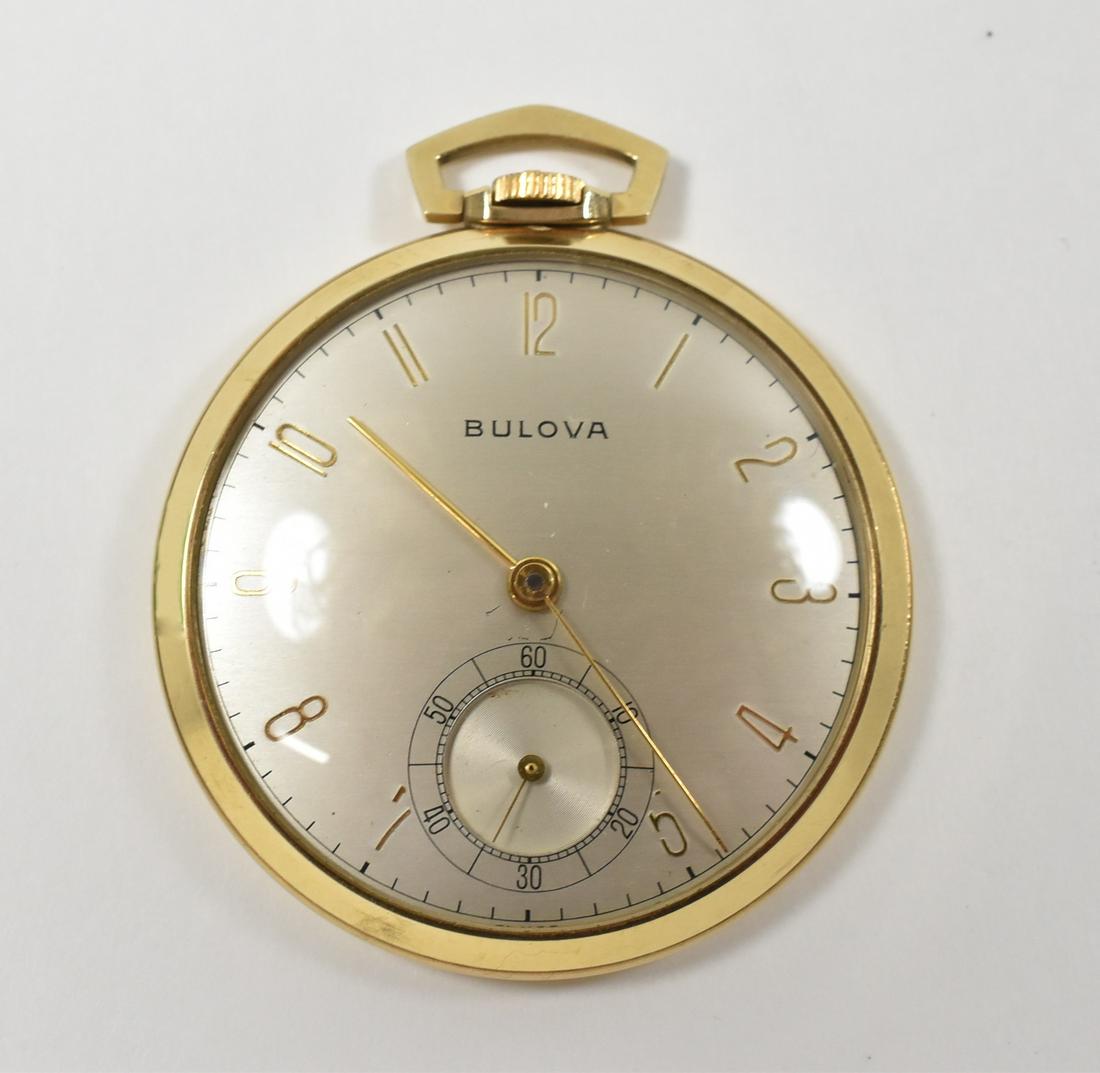 Bulova Swiss 17 AH 14K: Bulova Swiss Pocket Watch 17 AH 14K gold, 12S 17J, monogram on back, running condition. 43.5g TW 15.5 g case