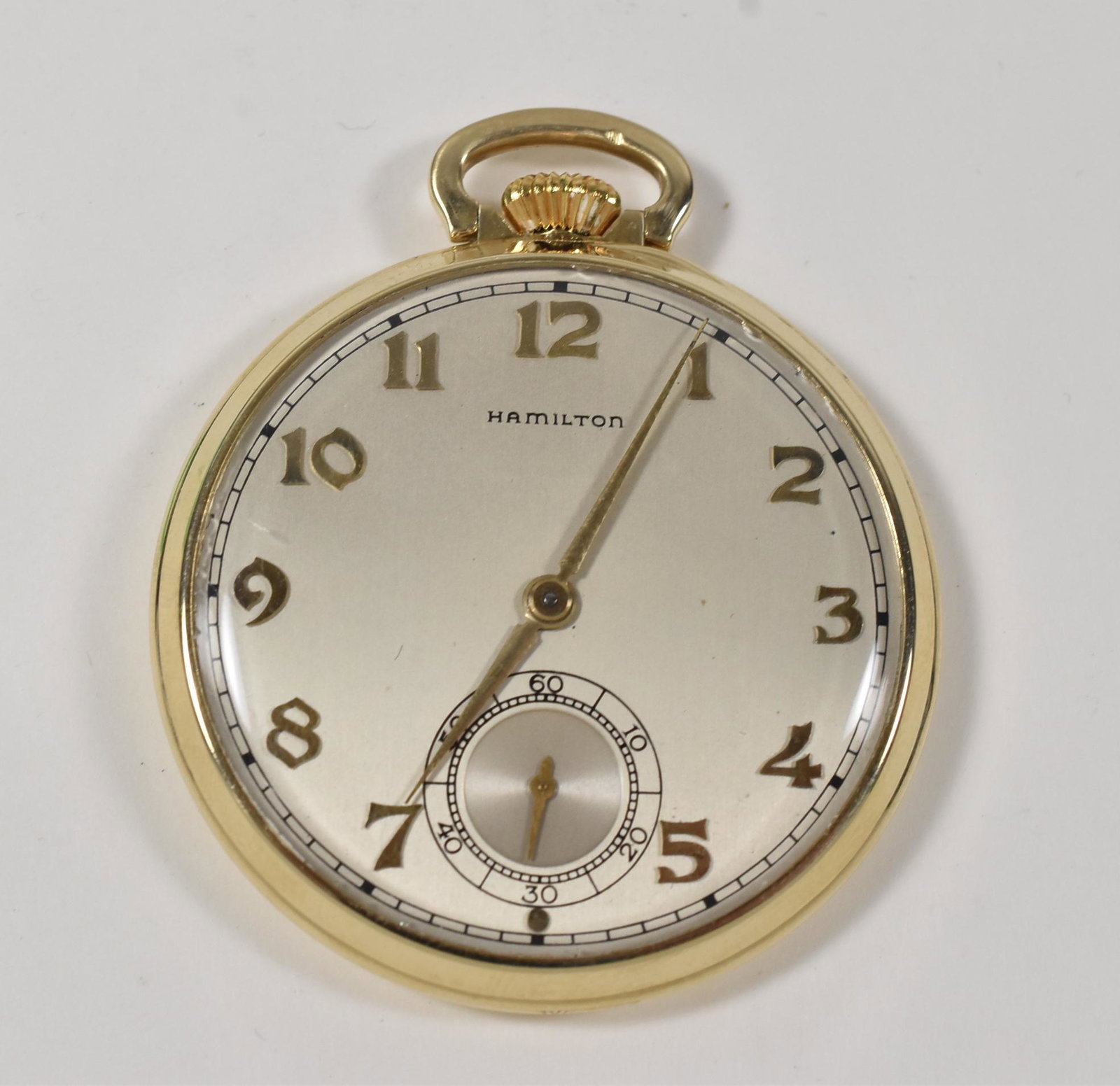 Hamilton 12S 14K OF: Hamilton 12S 17J 14K gold, OF, serial number X82812, grade 917, Libbey Glass Presentation watch inscribed on the back dated 1941, 49.7g TW 15.5 g case.