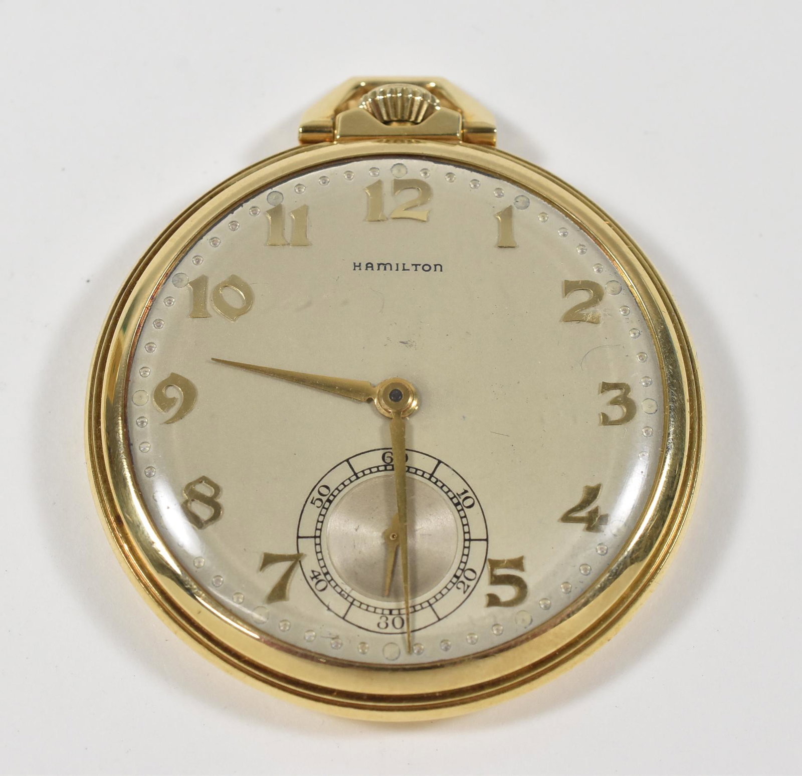 Hamilton 18K OF 23J: Hamilton 18K OF 10S 23J serial number R854, Model 923 5 position, Hamilton case 18K S221516 small dent on back, running condition. 63.7g TW 27.9g case