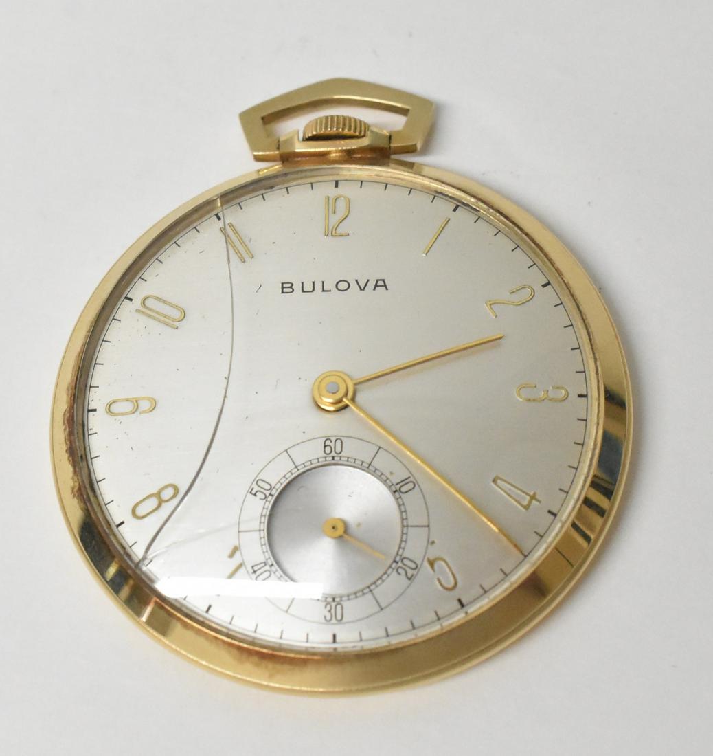 Bulova 14K 12S Presentation Watch: Bulova 14K 12S 17J Presentation watch, inscribed on back, running condition when catalogued, excellent condition. Bulova case. Cracked crystal 43.4g TW
