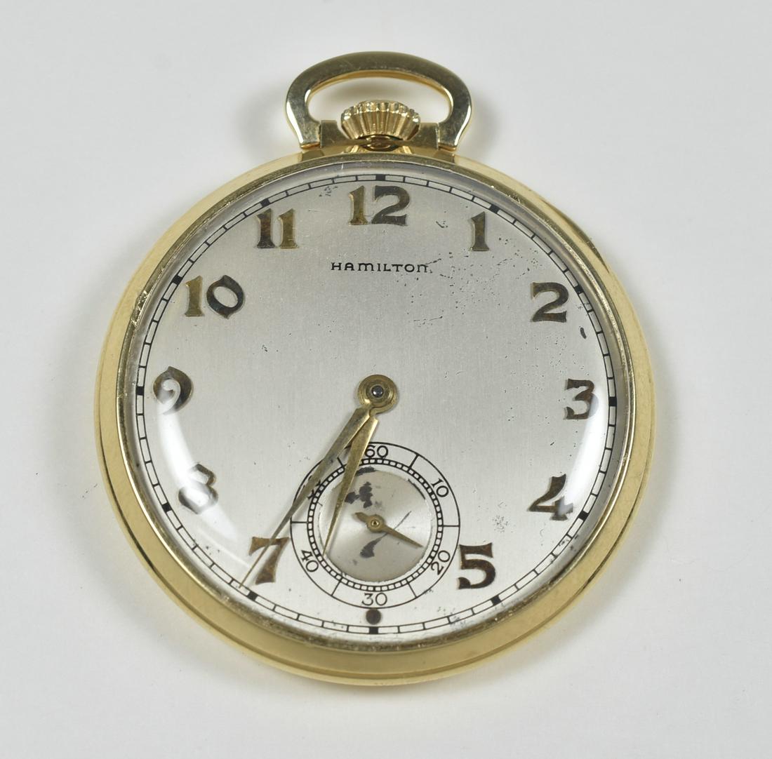 Hamilton Model 917, 14K OF 12 Size: Hamilton model 917, 14K, OF, 12S 17J, serial number X85254, presentation on back, 3 Pos, dial shows some wear, *not running, 47.9g TW