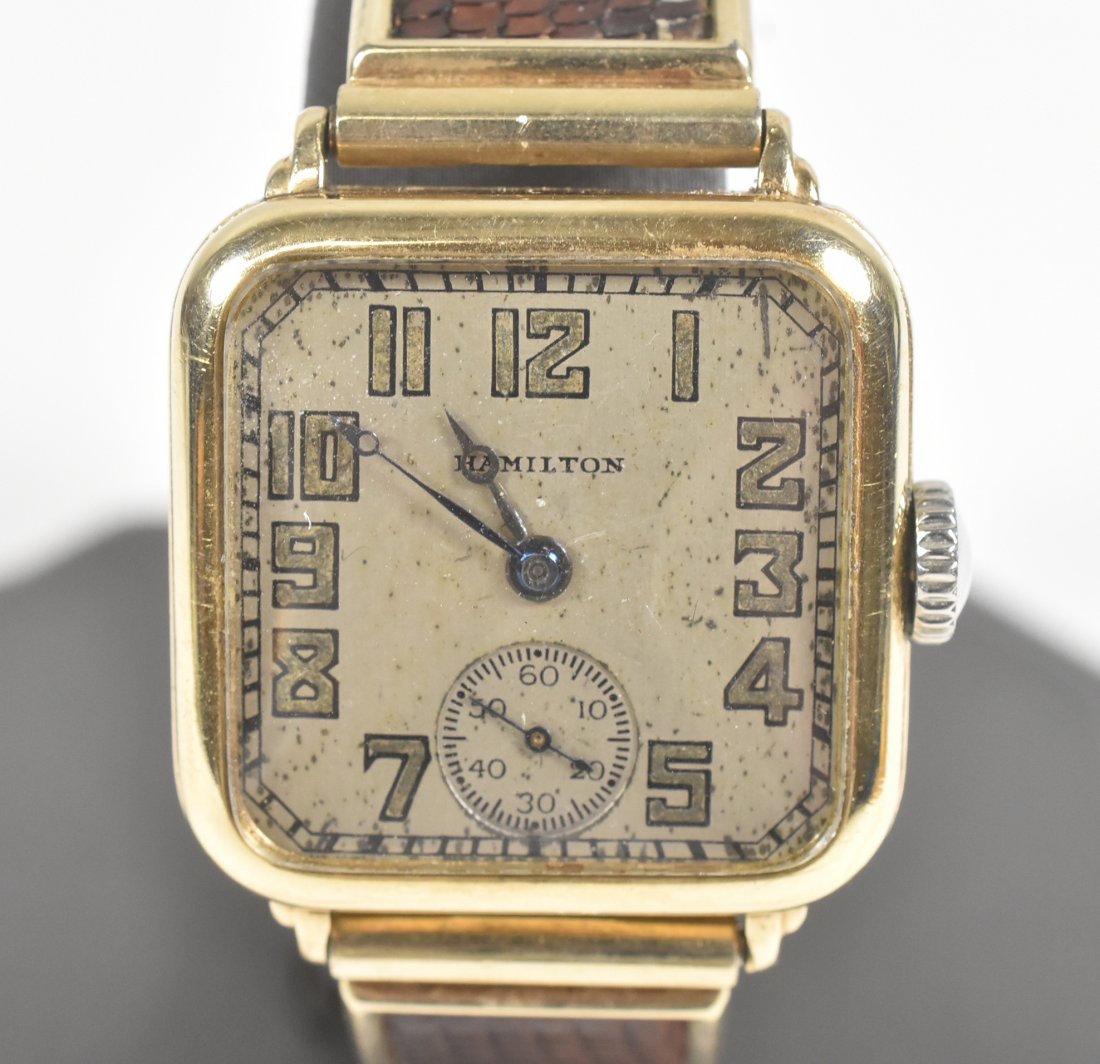 Men's Hamilton 14K: Men's Hamilton 14K, 19J, 979-F movement, serial number 2921570, 27mm x 33mm, 14K Wadsworth Case, Dial wear, running condition when catalogued. 28 grams