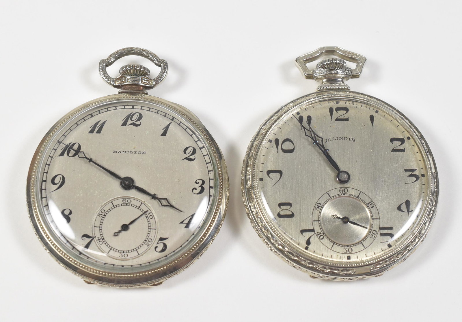 2 - 12 Size White Gold Filled: 2 - 12 size white gold filled, 1 case inscribed, Illinois and Hamilton, both running condition when catalogued.