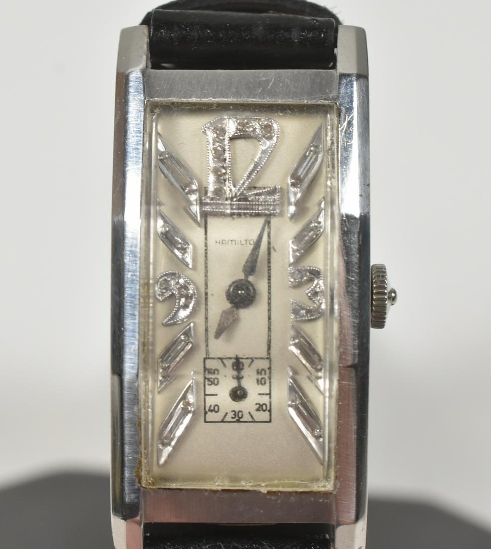 Hamilton Diamond Dial Platinum: Hamilton Diamond dial, platinum. Platinum case with brushed finish 44mm x 20mm, 982 19 Jewel movement, clean dial with diamond markers, not running when catalogued. 24 grams.