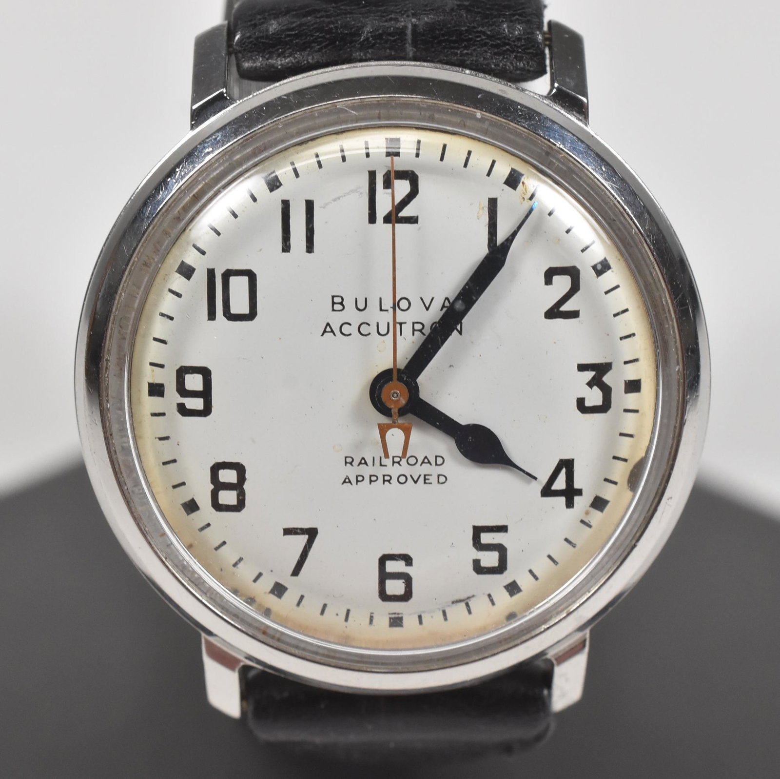 Accutron Railroad Watch: Accutron Railroad Watch, stainless case, railroad approved, Bulova, 33mm, back set, waterproof, running condition when catalogued.