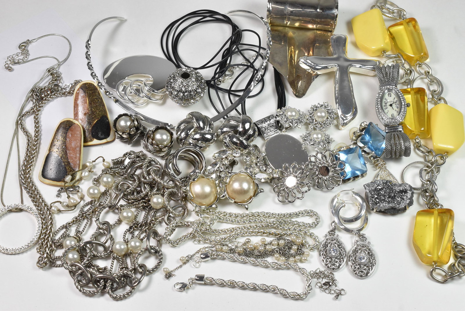 Costume Jewelry Silver Tone, Rhinestone Faux Pearls: silver tone, rhinestones, Napier, marked PAJ/BB and Bast/Bost. 695 grams costume jewelry