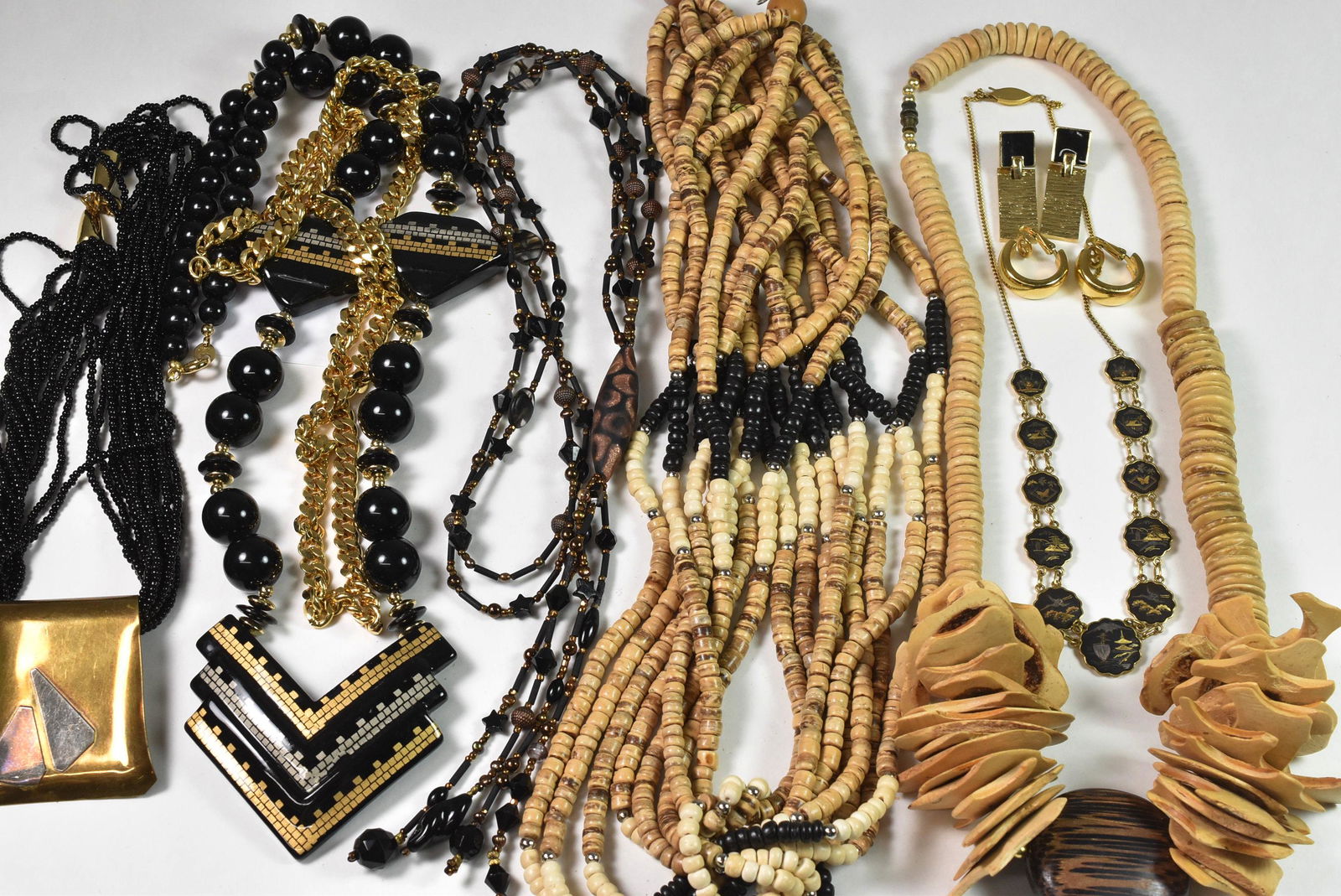 Lot of Artisan & Costume Jewelry Spatz, Trifari: Lot of artisan and costume jewelry, Wendy Spatz artisan necklace from Venice with vintage jet and copper beads, pearls, and glass beads, Trifari, weight: 565 grams