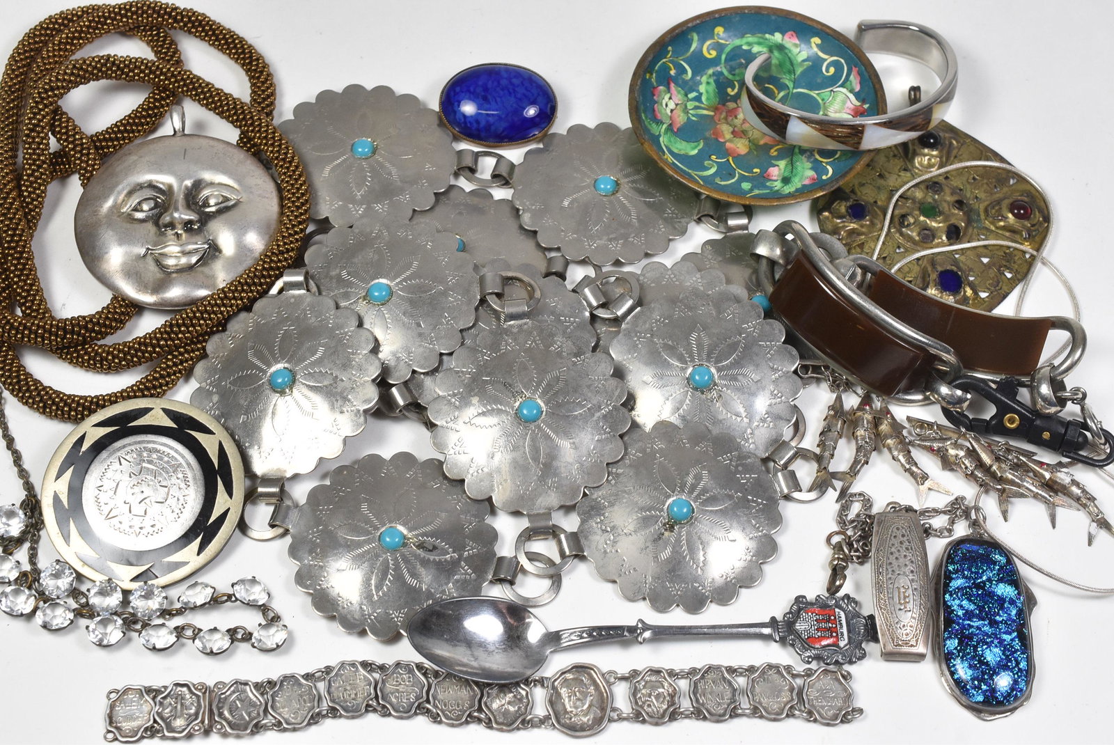 Some Sterling, Lapis, Turquoise, Bakelite: Some sterling, lapis, turquoise, Lucite bracelet, Alpach, articulating fish pin, beaded necklace, belt with turquoise centers with flower design, bracelet with names and men's faces sterling, lapis br