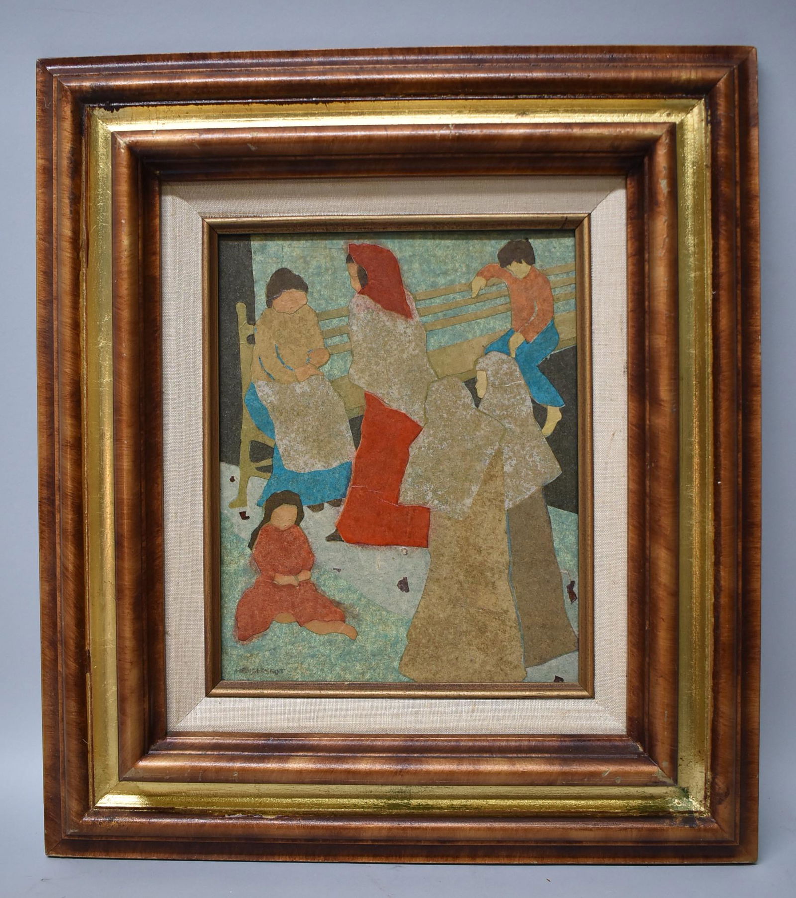 Paper Collage Figural, Signed: Paper collage figural of women and children at a park. Illegible signature. Framed size 15 1/2" x 17 1/2", image size 7 1/2" x 9 1/4".