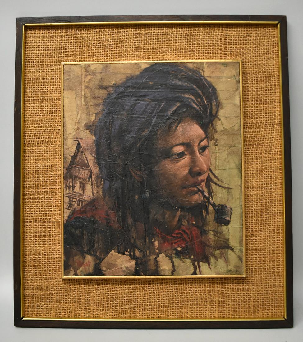 Native American Young Lady Mixed Media Painting: Native American young lady with a pipe, mixed media painting. Painting is on paper affixed to board with a textured finish. Original. Signed. Framed 15 3/4" x 17 3/4", image 10 1/4" x 12".