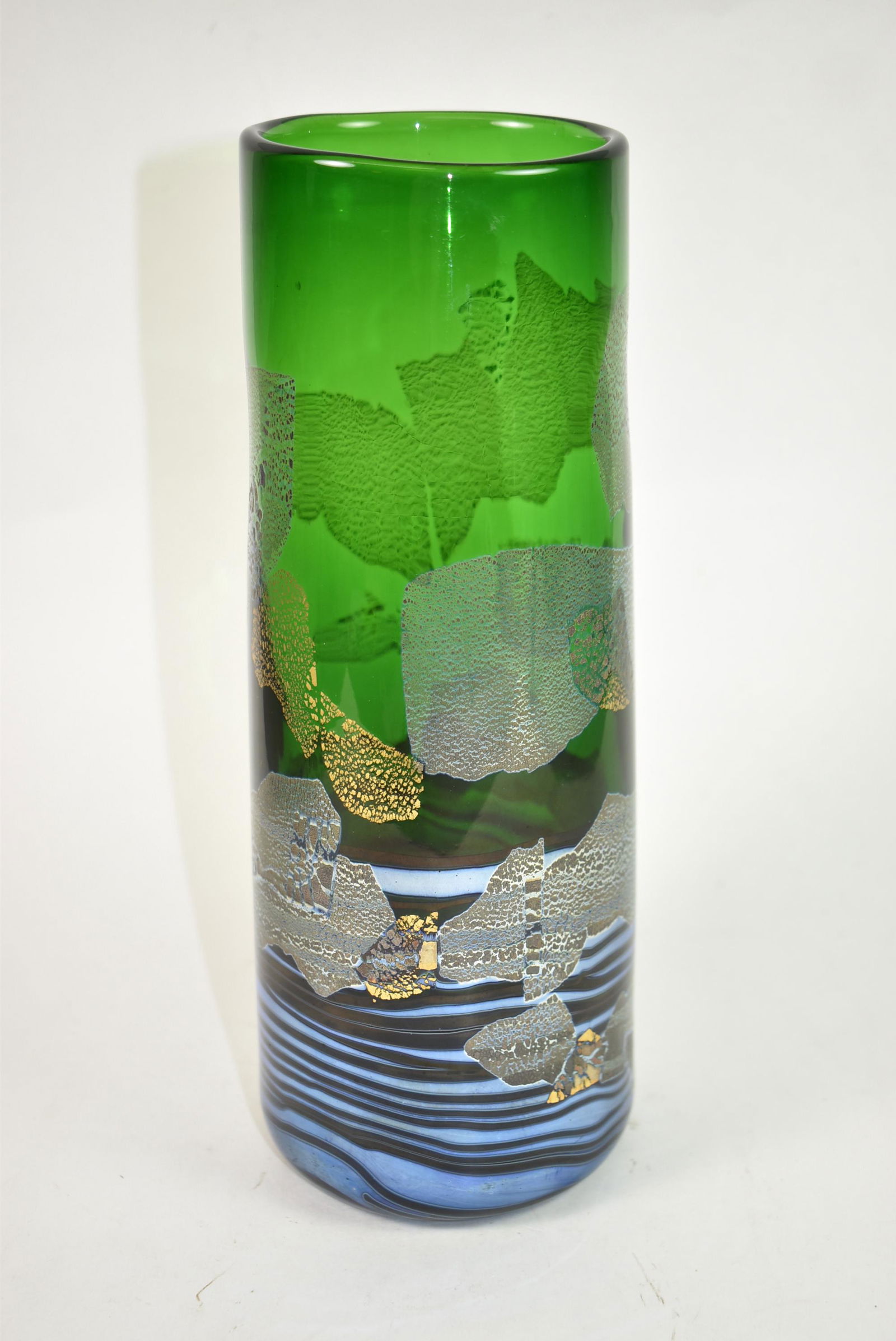 Orient & Flume Art Glass Vase: Orient & Flume art glass vase, green body with mirrored and textured details. 9 1/2" tall x 3 1/2" diameter at base. Signed and dated 1979 David Hopper.