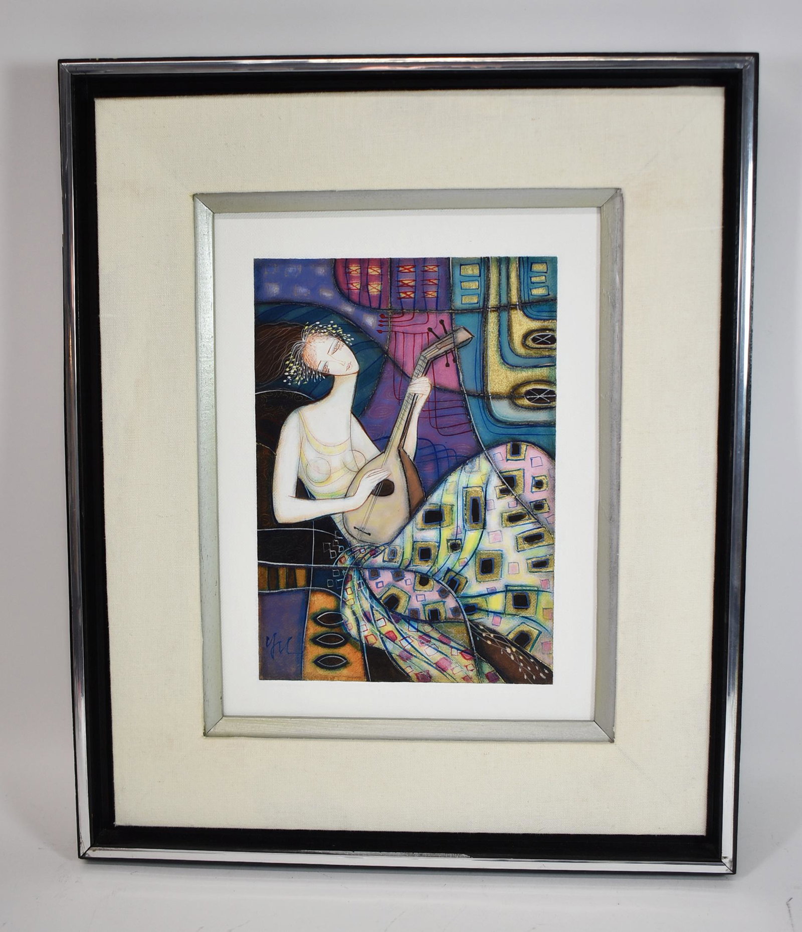 Heshi Yu Mid Century Chinese Mixed Media Painting: Heshi Yu mid century mixed media painting. Lady playing a lute, on canvas board. 15" x 18" framed, image 9" x 12". Signed