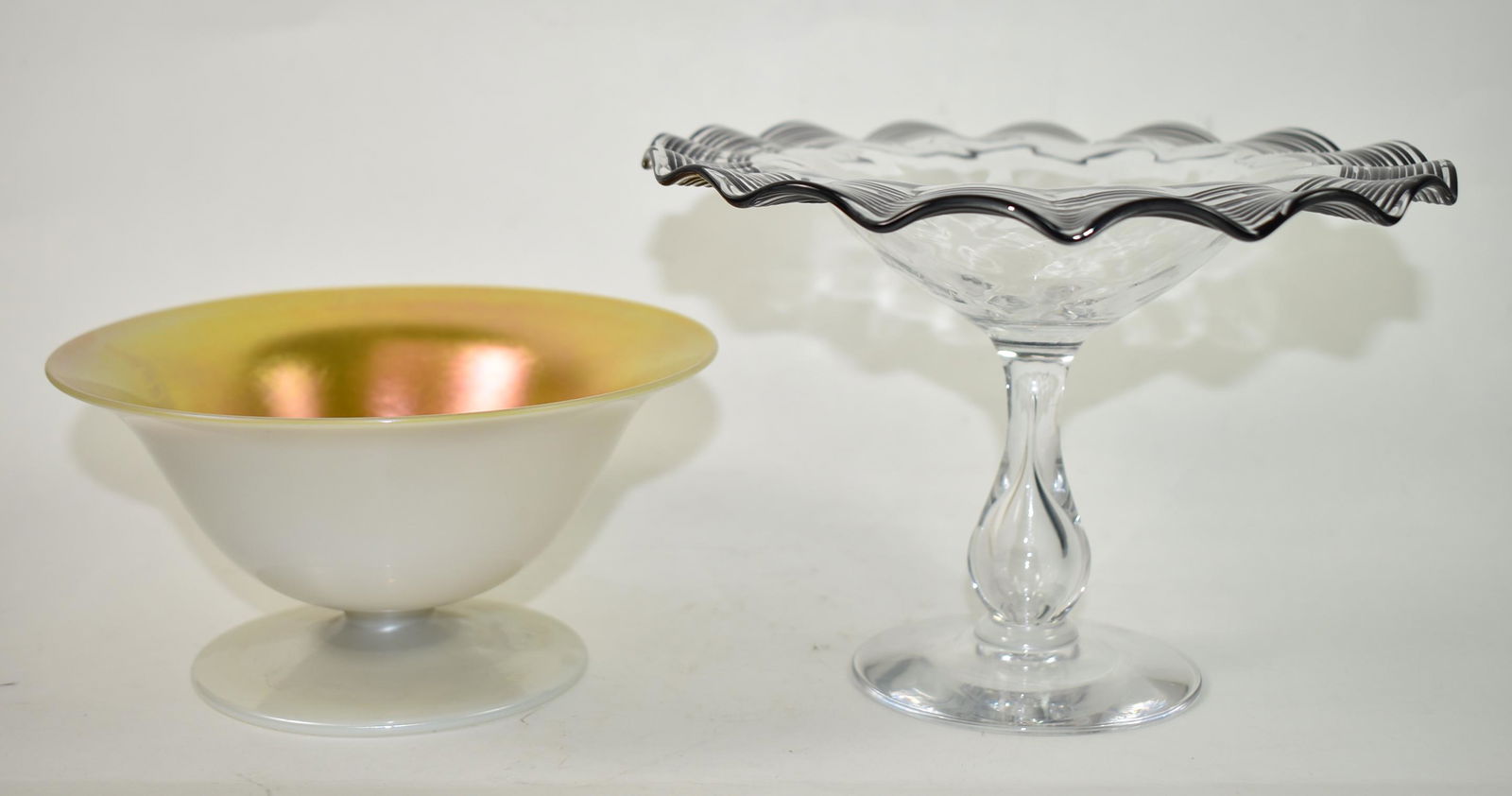 2 Steuben Pieces, Steuben Compote and Gold Aurene: 2 Steuben Pieces, Steuben Compote and Gold Aurene. Blown clear glass with threading 7" wide x 4 3/4" tall, polished pontil. White calcite with good interior. 6" wide x 3" tall, both are unsigned, no d
