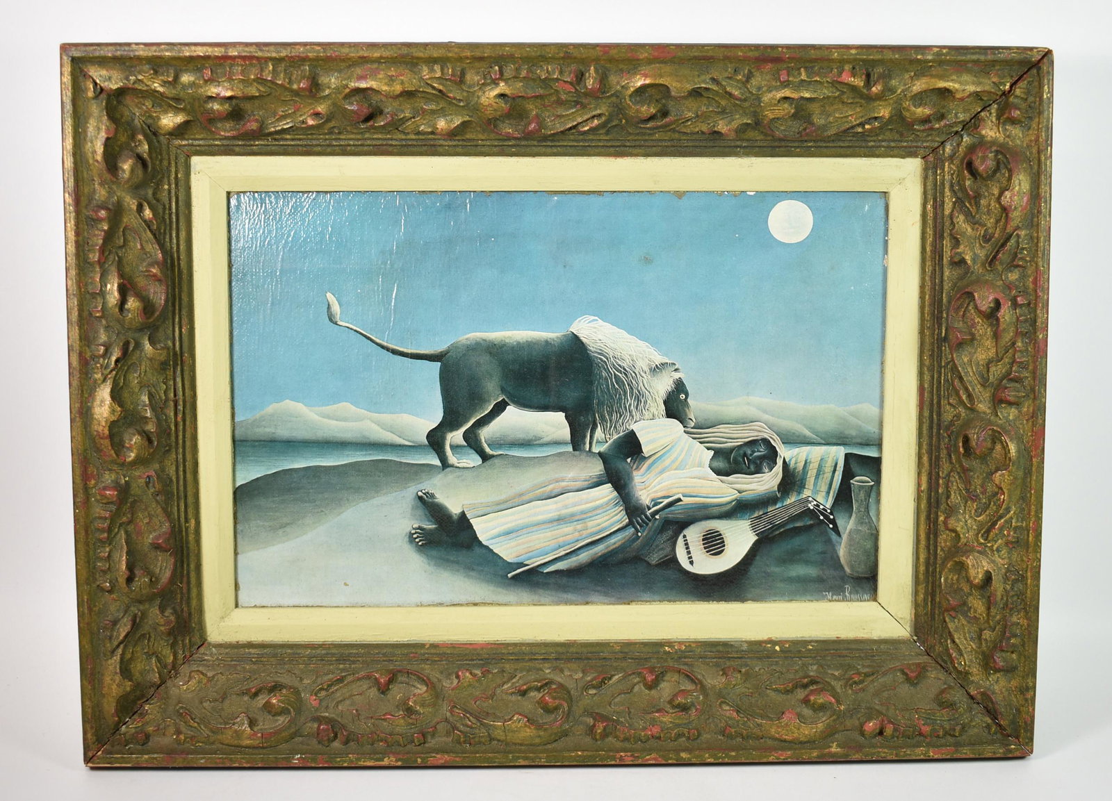 Henri Rousseau Painting on Canvas: Henri Rousseau painting on canvas of a woman with a lute and a lion in the desert. Great detailed frame. Image 15 1/2" x 10", frame size 22" x 16 1/2".