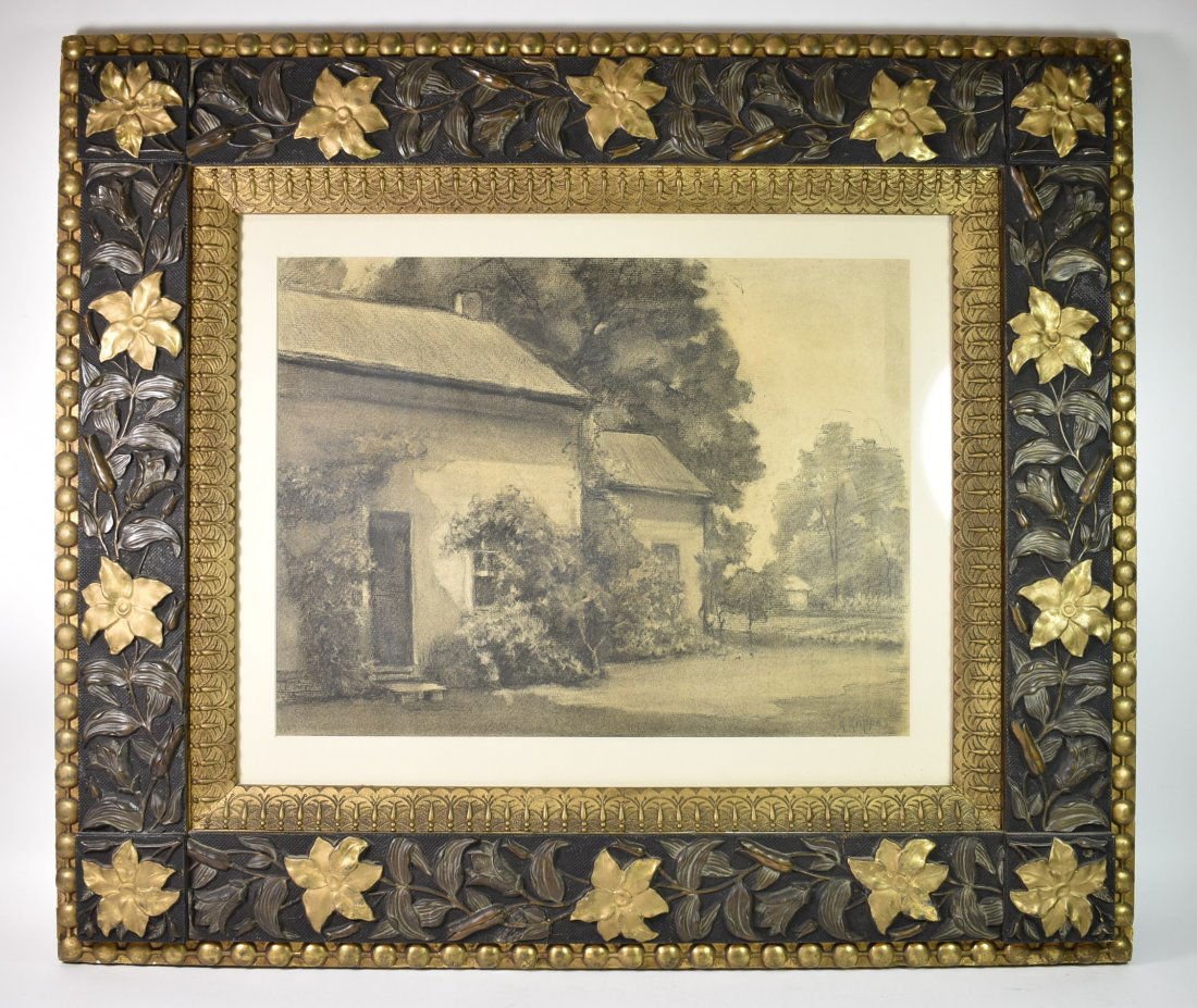 Karl Kappes Pencil Drawing: Karl Kappes pencil drawing. Image of a building with trees and shrubs. Image size 17 1/2" x 13", framed size 29 3/4" x 25 3/4". Beautiful carved wood frame 5" wide, heavy.