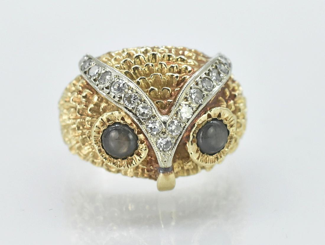 14K Owl Design Cat's Eye Chrysoberyl, .4 ct Diamond Ring, size 7 1/4 (1 of 4)