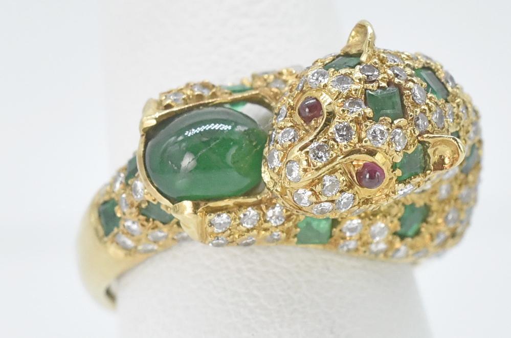 18K Gold, Diamond, Emerald and Ruby Panther Ring, Size 5 (1 of 5)