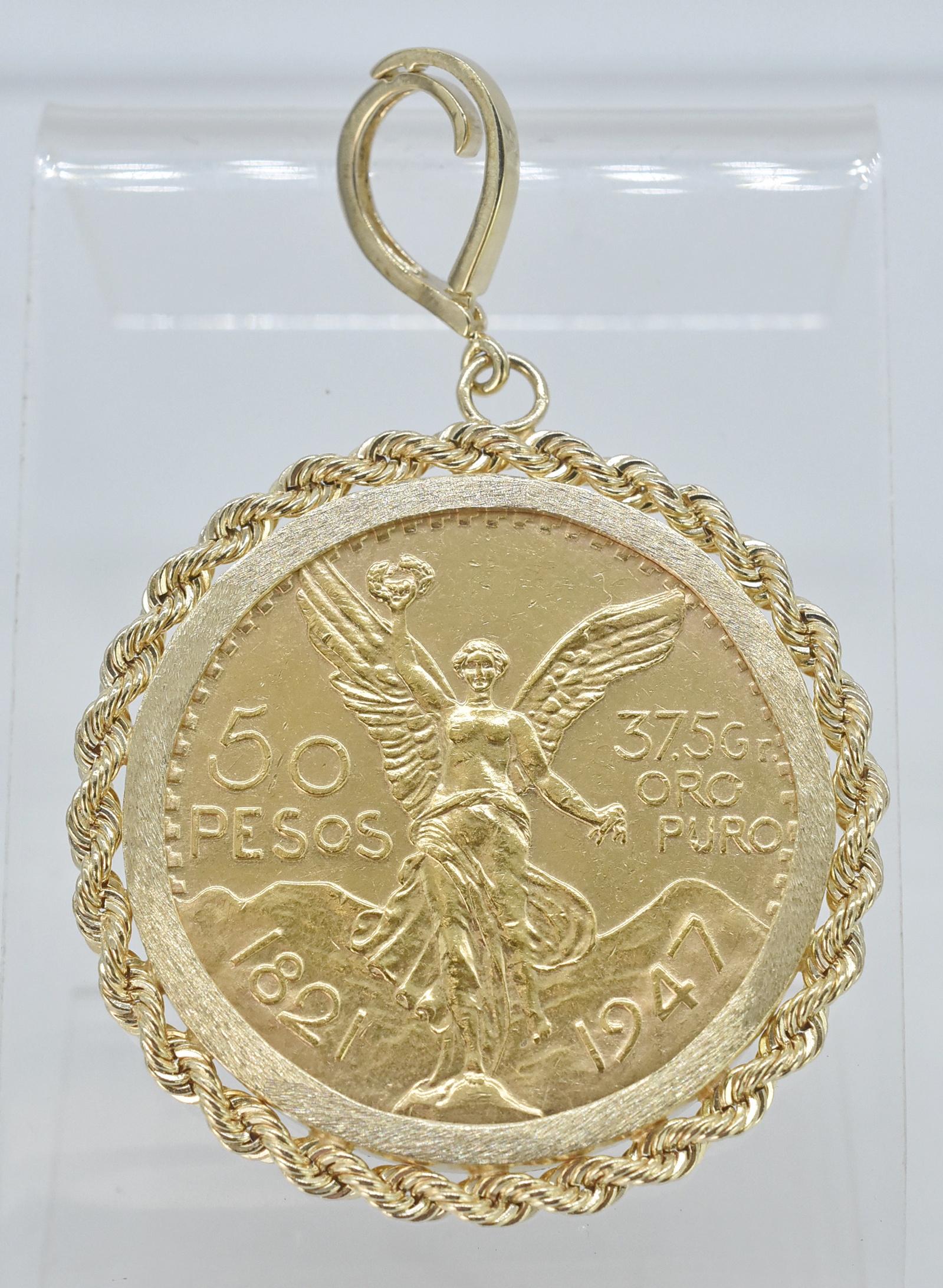 50 Pesos Coin in 14K Bezel, Pendant: 50 Pesos coin in 14K bezel pendant. Bezel marked Stulle 14K, twisted rope design. 1 3/4" wide x 2 5/8" long. 53.7 grams total weight