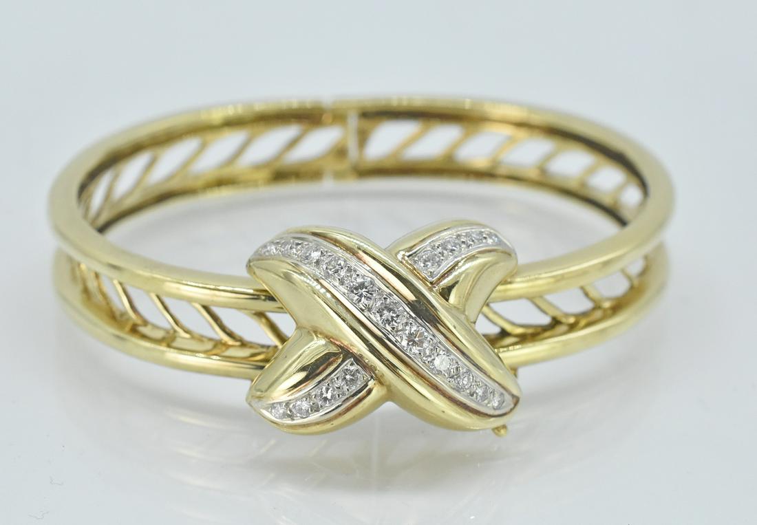 Hinged 14K Gold Bracelet with X Detailing, 1 ct Diamonds (1 of 4)