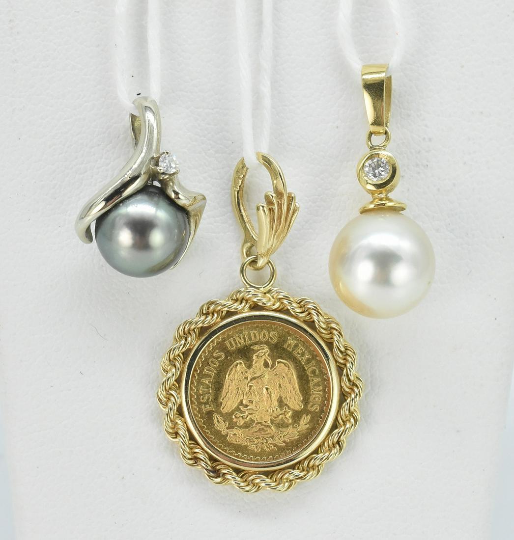 3 Gold Pendants, Black and White Pearls and Coin in Bezel (1 of 5)