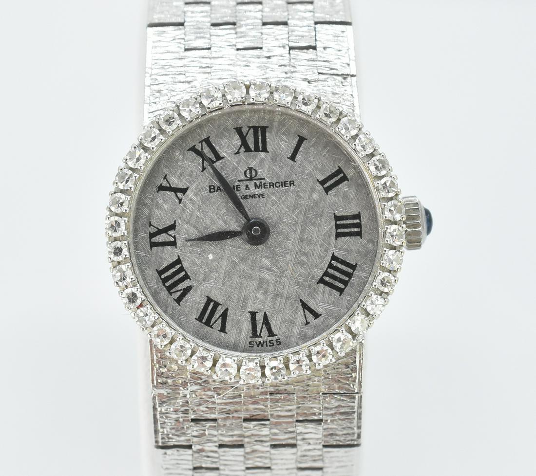 Baume A. Mercier Ladies Watch 18K and .80 ct Diamonds: Baume A. Mercier Ladies watch, 18K white gold watch band, marked 750. Diamond surround of .80 cttw, Swiss. 438122 36632T2. Manual wind. Running when catalogued. 6" band. 44.5 grams