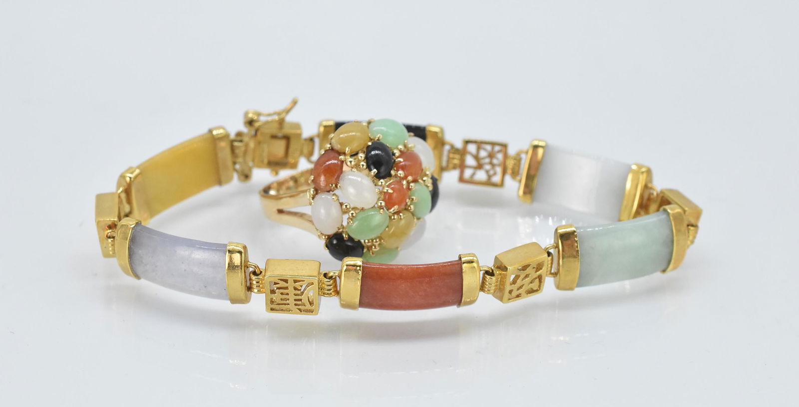 14K Gold and Jade Cocktail Ring, Size 6, Matching Bracelet Gold Filled (1 of 7)