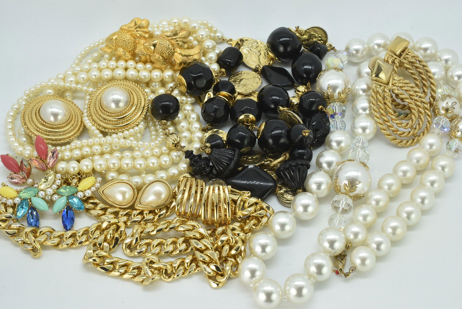 Costume Jewelry, Monet, Napier, L.F, Sphinx, Necklaces and Earrings: Costume Jewelry by Monet, Napier, L.F., Sphinx including 4 Necklaces, 40" Black Enamel with no clasp, 33" Faux Pearl Necklace, 17" Multi-Strand Faux Pearl Choker Necklace, 25 3/4" Gold tone Link Neckl
