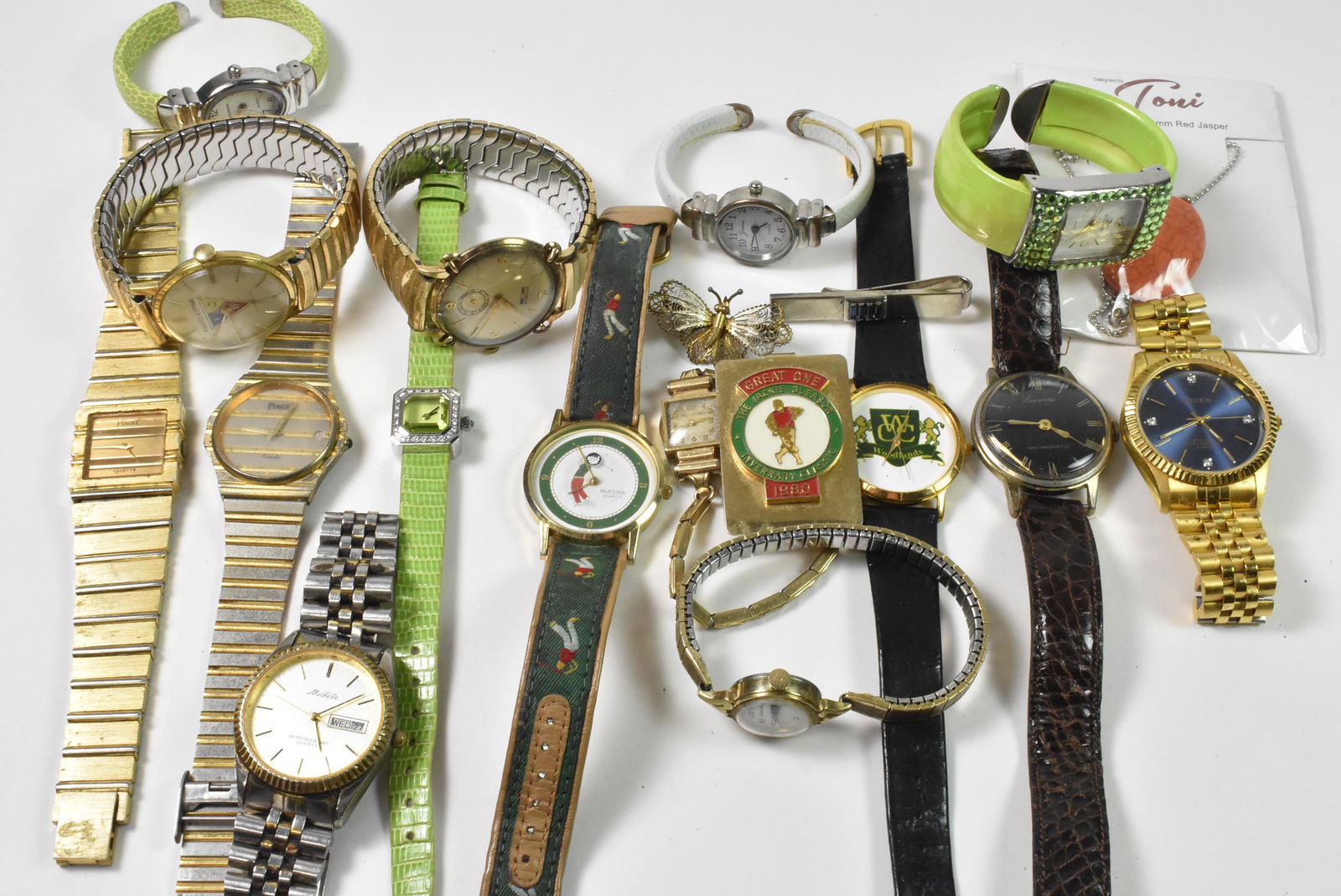 7 Watches, Toni Necklace: Toni Red Jasper Necklace, 7 watches by Corum, Piaget, Gruen, Benrus, Lucerne, Bulova and Michele.