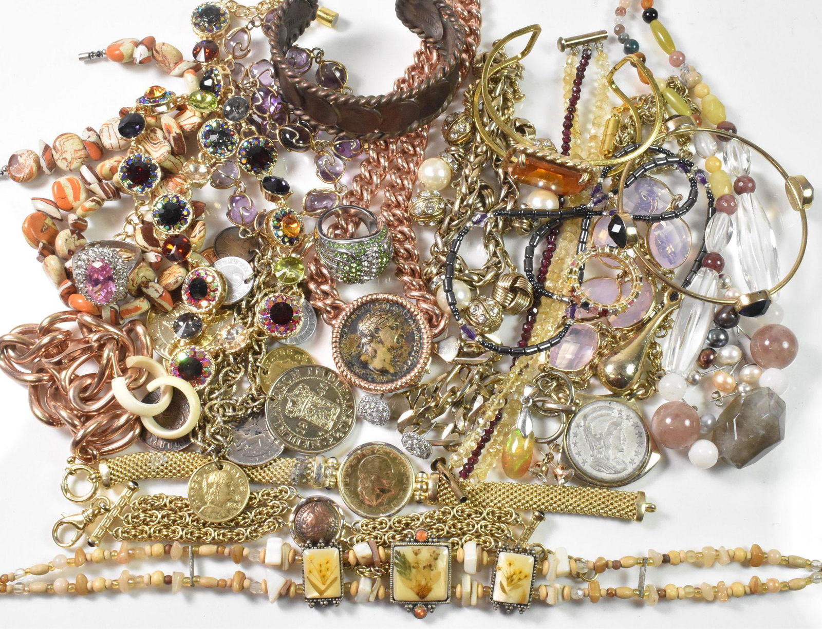 Coro Coin Costume Jewelry, Dynadema: Coro Coin Bracelet 8.5". Dyadema Rose gold tone coin necklace at 18" long. 3 Rings sizes 8 to 9.5. 7 Necklaces ranging from 12" to 21.5" long. 2 Cuff bracelets, 8 bracelets ranging from 8" to 9". 2 Pe