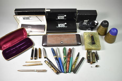 Misc. Pen Boxes and Pen Parts: Conklin Marble Pen Holder, Black and Blue Mont Blanc Ink, Mont Blanc Boxes, Pen Caps, Wearever Pens