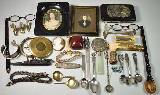 Handheld Antiquity Lot, Compass, Dragons, Knives: Antler cane head, Standley London 1885 Pocket Compass, cigarette case with Asian dragon, ship shaped pipe from Maine, miniature porcelain shoes, coin silver spoons, copper earring & stick pin, handhel