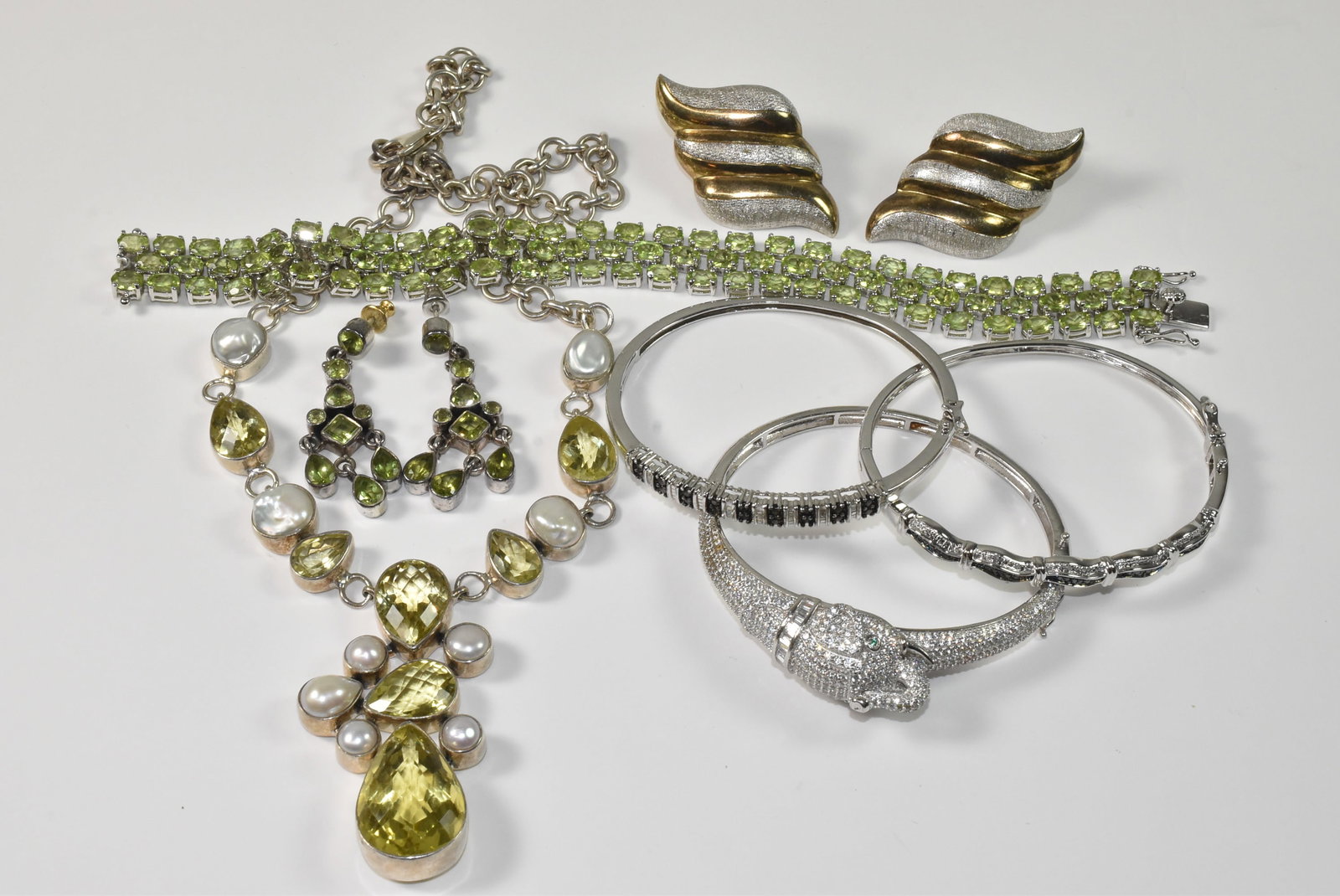 Group of Sterling Jewelry with Green Rhinestones (1 of 4)