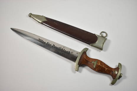 German Dagger with Sheath: 14 1/2" dagger with wood handle, temper steel blade, metal sheath, "Everything for Germany" in German on the blade