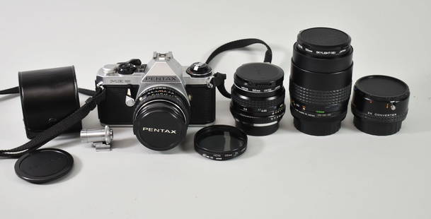 Camera Group, Pentax 35mm Camera: Pentax 35mm camera, ME super in great condition, 1.17 lens 50mm , comes with 55mm hoya camera lens and 1.28 lens (not tested)